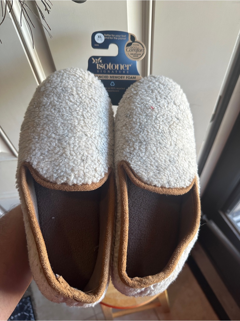 isotoner Kids Cream Slip-On Sherpa Slippers with Tan Trim